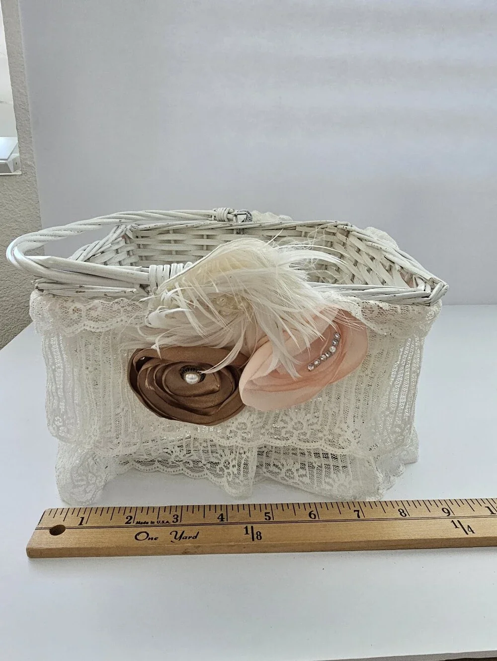 Vintage Shabby Chic Flower Girl Basket Lace Ostrich Feather Cottagecore